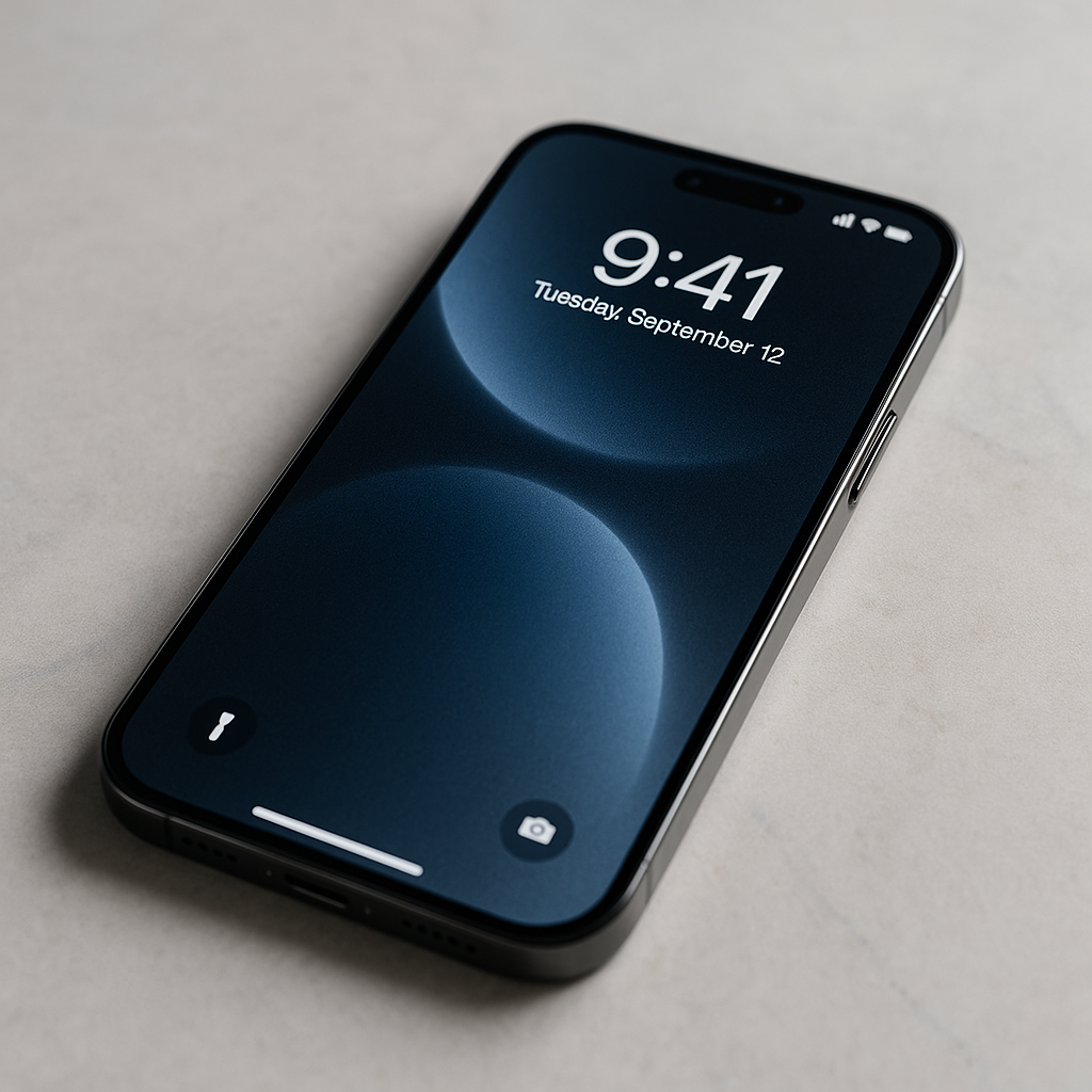 iPhone 15 Pro sinise taustapildiga neutraalsel laual, modernne Apple-like foto.