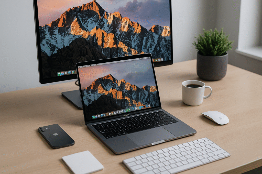 MacBook Pro töölaud kaasaegses kontoris – IT-seadmete rent ettevõtetele Eestis