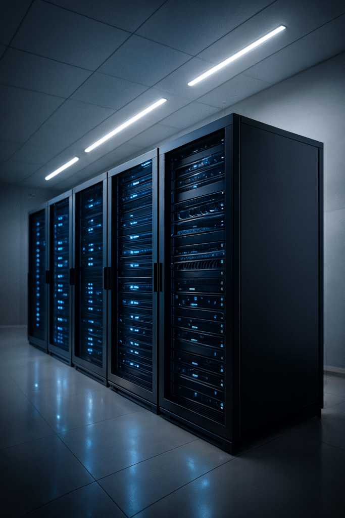 Modernne sinise valgusega serveriruum kõrgtasemel IT-infrastruktuuriga.